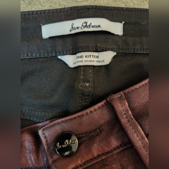 Sam Edelman The Kitten Ankle Skinny Burgundy Black Side Striped Coated Jeans 26 - Picture 5 of 16
